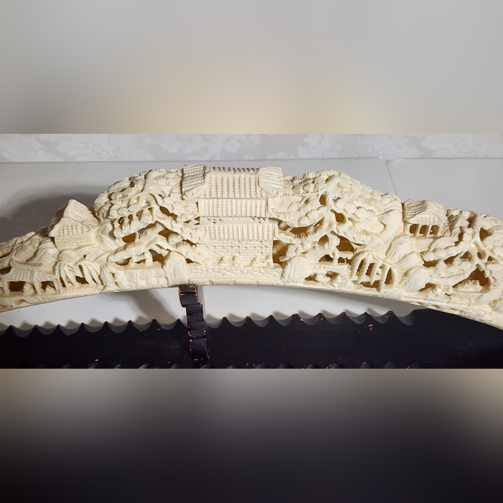 Vintage 31" Chinese Faux Ivory Carved Tusk Landscape Pagodas Mid-Century - Picture 6 of 16
